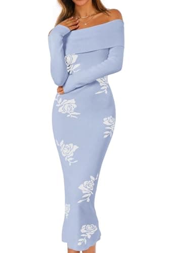 MEROKEETY Women's Winter Off Shoulder Bodycon Sweater Dress 2026 Spring Formal Long Sleeve Elegant Club Party Midi Dresses, BlueWhite, Medium - Image 1
