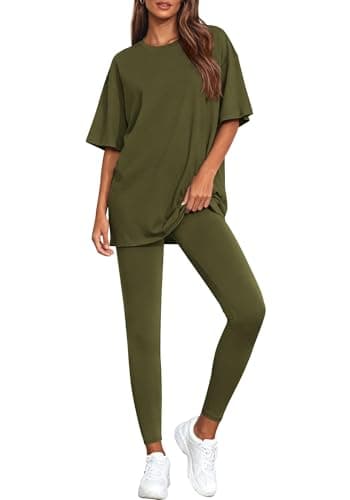 BTFBM Two Piece Lounge Set Women 2026 Spring Casual Oversized Shirts Leggings Matching Workout Airport Travel Outfits(Army Green, X-Large) - Image 1