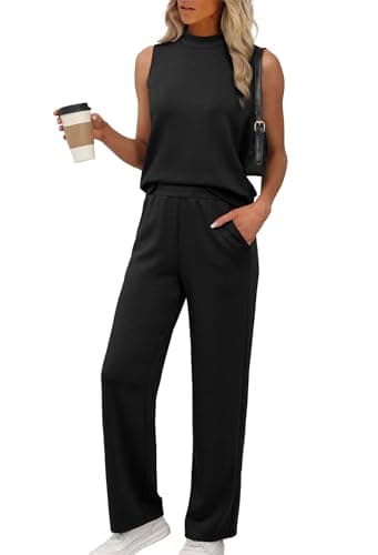 XIEERDUO 2 Piece Sets for Women Summer Outfits Women's Clothing Beach Vacation Clothes Matching Lounge Sets Travel Luxury Fashion Track Suits Mock Neck Black XXL - Image 1
