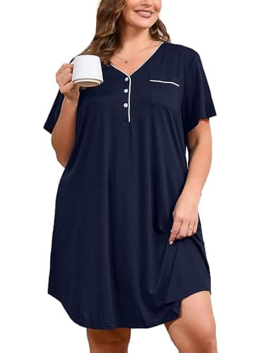 AusLook Plus Size Navy Blue Nightgown for Women Midi Sleep 4X Dress Short Sleeve V Neck Loose Fit Lounge House Dress Soft Casual Night Dress - Image 1