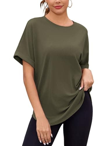 Totatuit Women Oversized Shirts Loose Fit Long Tunic Tops to Wear with Leggings Rolled Half Sleeve Tshirts Baggy Casual Crew Neck Basic Solid Gym Active Tee Army Green X-Large - Image 1