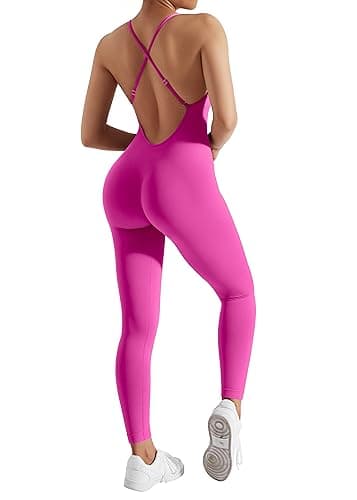MOOSLOVER Women Strappy Backless One Piece Jumpsuits Tummy Control Padded Workout Rompers(XL,#1 Rose Pink) - Image 1