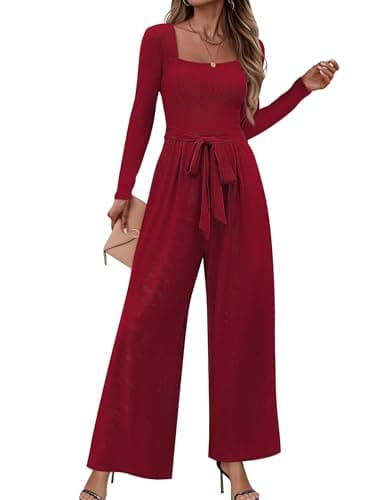 LOOKBOHO Womens Jumpsuit Dressy Square Neck Long Sleeve Belted High Waist Wide Leg Romper with Pockets One Piece Casual Outfits Wine Red S - Image 1