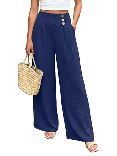 RICHSTORY Womens Wide Leg Palazzo Linen Pants Casual Summer Beach High Waisted Lounge Pant Resort Wear Cruise Outfits for Women Navy Blue Medium - Image 1
