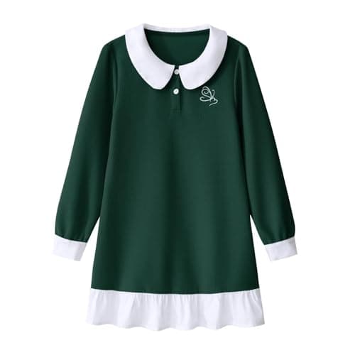 Little Bitty Girls Long Sleeve Peter Pan Collar School Dress, Classic A-Line Style,Waffle Fabri Casual Versatile Green 7-8Y - Image 1