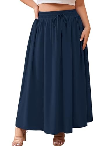 AusLook Plus Size Maxi Skirt for Women High Waisted Elastic Waist Flowy A Line Long Blue 1X Skirt with Pockets Casual Summer Beach Vacation - Image 1