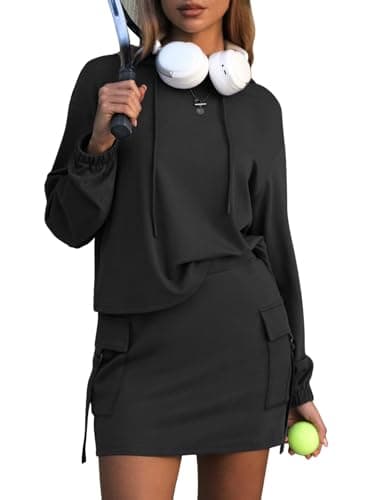 EXLURA Women Two Piece Set Cotton Sweatsuit Travel Airport Outfits 2026 Tracksuit Hooded Sweatshirt Cargo Skort Skirt Pockets - Image 1