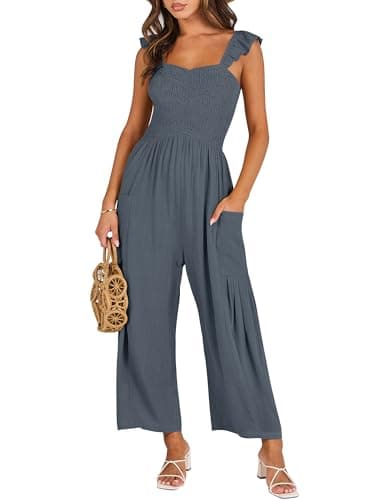 ANRABESS Women Summer Casual Dressy Sleeveless Smocked Wide Leg Linen Jumpsuits Rompers 2026 Trendy Travel Outfit Pocket Dark Gray Small - Image 1