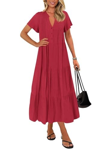KIRUNDO Summer Maxi Dresses for Women 2026 Spring Fashion Short Sleeve Button V Neck Pleated Loose Tiered Swing Flowy Dress(Red, Medium) - Image 1