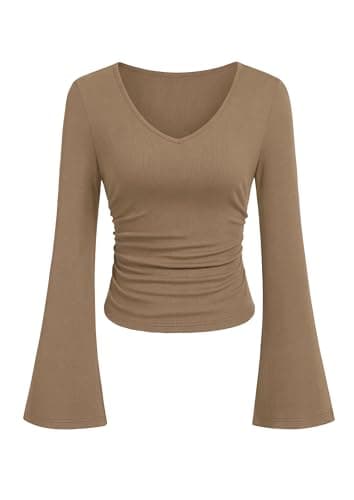 PRETTYGARDEN Women 2026 Fall Long Bell Sleeve Shirts Ribbed V Neck Fitted Ruched Trendy Y2K Going Out Tee Tops Summer Clothes (Light Brown,X-Small) - Image 1