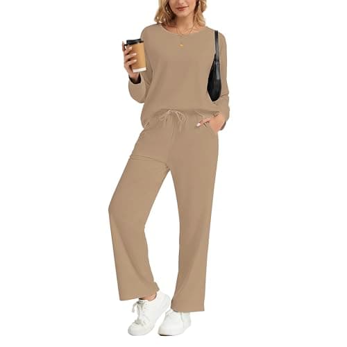MAGICATELIER Women 2 Piece Matching Lounge Sets Long Sleeve Top Wide Leg Pants Pockets Travel Sweatsuit Casual Tracksuit - Image 1
