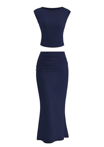 PRETTYGARDEN Skirt Sets Women 2 Piece Outfits Summer Outfits 2026 Going Out Crop Tops Long Maxi Skirts Beach Vacation Clothes(Navy,X-Large) - Image 1