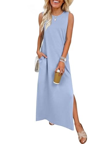 ANRABESS Women Summer Casual Sleeveless Maxi Sundress Beach Tank Dresses Pockets Travel Vacation Clothes Cruise Outfits 2026 Light Blue X-Large - Image 1