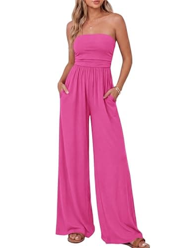 BTFBM Jumpsuits For Women Summer 2026 Beach Vacation Strapless Tube Top Jumpsuit Ruched Casual Wide Leg Pant Rompers(Rose Red, X-Large) - Image 1