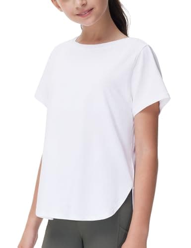 THE GYM PEOPLE Girl's Athletic Shirts Short Sleeve Workout Tops Kids Basic Tees with Side Slits White - Image 1