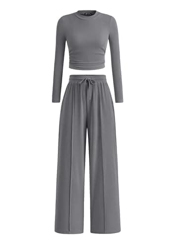 PRETTYGARDEN Women's 2 Piece Sets 2026 Fall Long Sleeve Crop Tops Wide Leg Pants Matching Outfit Tracksuits Spring Clothes (Grey,X-Large) - Image 1