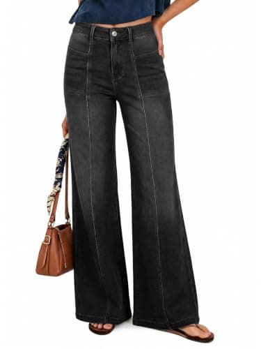 Flowyair Wide Leg Jeans Women Stretchy Sweatpant Jeans High Waisted Flared Casual Trendy Straight Denim Pants with Pockets Black - Image 1