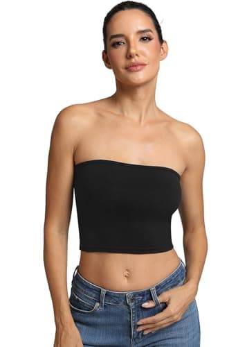 Fihapyli ICTIVE Womens Tube Tops Strapless Crop Basic Backless Sleeveless Bandeau Seamless Going Out Light Support Cami Shirts Black XL