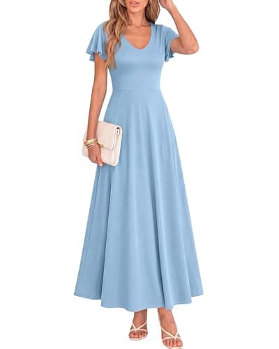 BTFBM Formal Dresses for Women Summer Outfits V Neck Ruffle Sleeve A Line Maxi Elegant Cocktail Wedding Guest Dress 2026(Light Blue, XX-Large) - Image 1