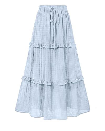 BTFBM Women's Long Summer Skirt 2025 Elegant High Waist Cocktail Party Wedding Guest Dress Flared A-Line Midi Skirts(Solid Light Blue,Small) - Image 1