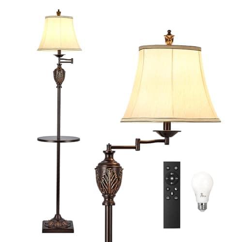 Traditional LED Floor Lamp with 350° Adjustable Swing Arm Lamp – Vintage Standing Pole lamp for Living Room, Bedroom and Office – Rustic Upright Floor Light for Home Décor with Silk Fabric Shade - Image 1