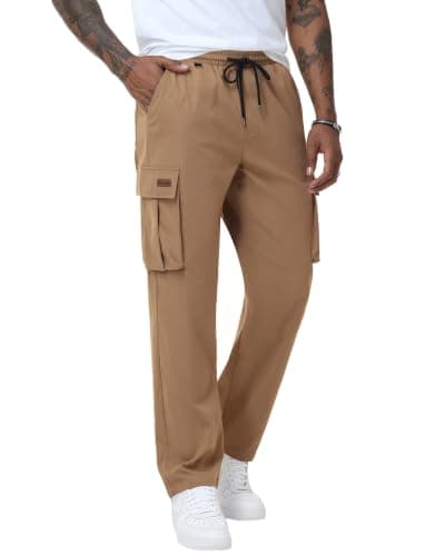 Ntrlv Khaki Mens Cargo Pants Casual Cargo Pants for Men Lightweight Cargo Trousers Drawstring Elastic Waist Travel Pants Running Pants Outdoor Utility Multi Pocket (Khaki-M) - Image 1
