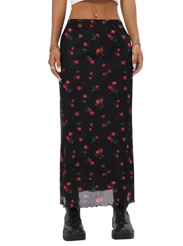 Avanova Women Cute Cherry Mesh Midi Skirt High Waist Lettuce Trim A Line Skirt Cherry Black Small - Image 1