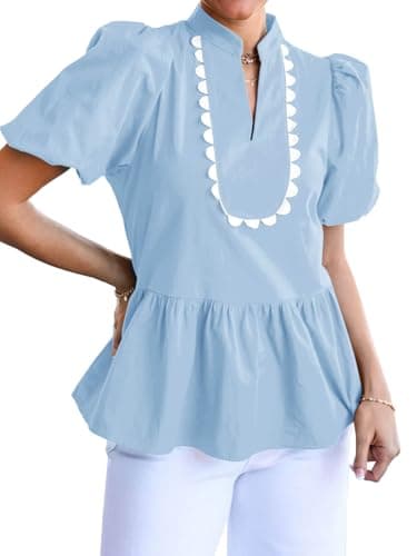 Cicy Bell Womens Puff Sleeve Peplum Blouses Ruffle V Neck Summer Casual Tops Babydoll Loose Fit Shirts Sky Blue - Image 1