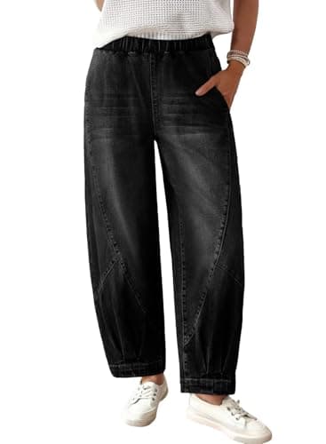 Sidefeel Jeans for Women Trendy High Waisted Stretchy Barrel Wide Leg Jeans Elastic Waist Patchwork Loose Baggy Ankle Denim Pants Black Size 18 - Image 1
