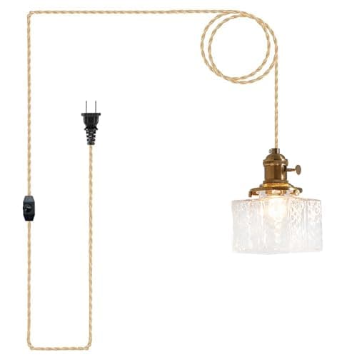 Oyisen Plug in Pendant Light, Clear Cube Glass Shade Hanging Lamp, 14Ft Industrial Pendant Light for Basement, Dinning Room and Bedroom Minimalism Glass Pendant Lights Kitchen Island - Image 1