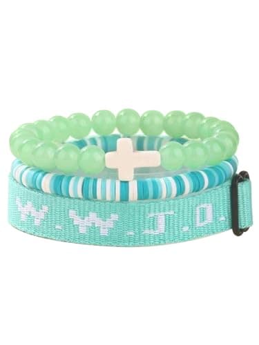 Fulbelle WWJD Bracelet Set for Women, Stackable Cross Beads & Adjustable Wristband Faith Jewelry Gift Green - Image 1