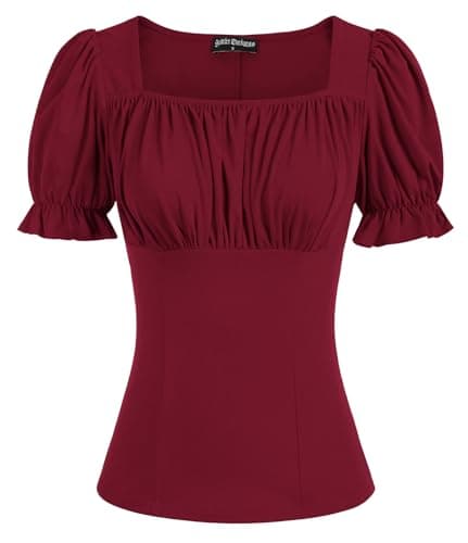 Peasant Tops for Women Vintage Puff Sleeve Square Neck Renaissance Shirt Vine Red XXL