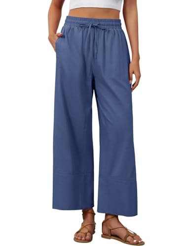 grewley Linen Pants Women Cotton Baggy Boho Pants Casual Palazzo Pants Wide Leg Beach Pants for Women Navy Blue M - Image 1
