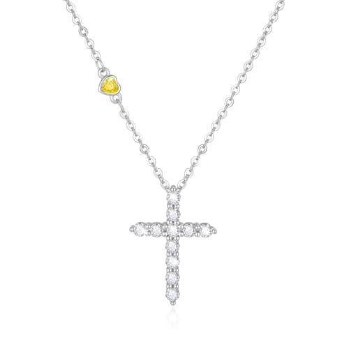 Juvux Easter Gifts for Women Birthstone Cross Necklaces 925 Sterling Silver Heart Gemstone Cross Pendant Necklace Simple Jesus Cross Necklace Simulated Diamond Jewelry Religious Gifts (Citrine) - Image 1