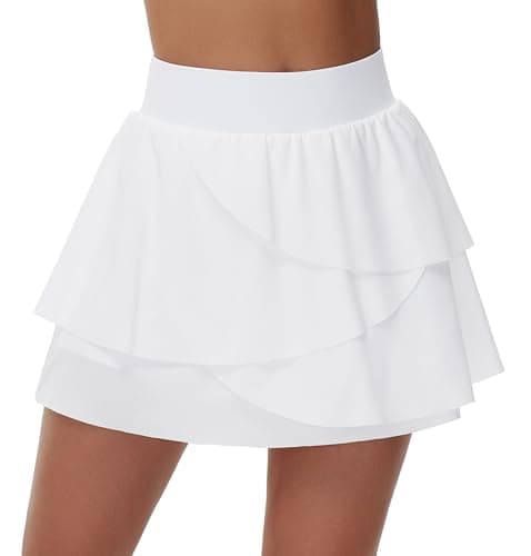 THE GYM PEOPLE Women's Tiered Petal Tennis Skirts Ruffle Golf Skorts Built-in Shorts with Pockets White - Image 1