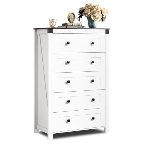 GALAXHERO Farmhouse White TV Stand, 5 Drawer TV Console, Tall Wood Media Console with Double Rustic Handle, Entertainment Center for Living Room, Hallway, Closet - Image 1