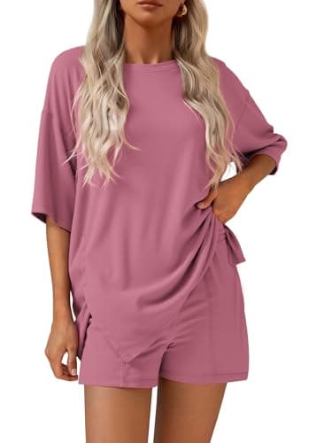 KIRUNDO 2 Piece Sets for Women Summer Lounge Sets Casual Oversized Tshirts Shorts Matching Airport Travel Outfits Postpartum(Pink, Small) - Image 1
