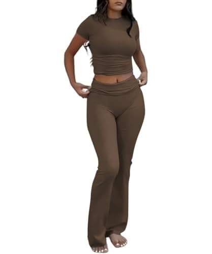 DLOODA Two Piece Sets for Women Matching Lounge Set Short Sleeve Crop Top Fold Over Flare Pants Travel Outfits Brown X-Small - Image 1