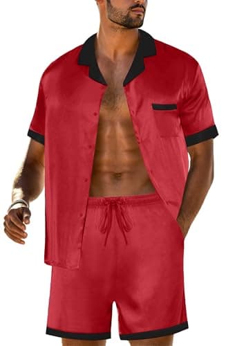 PrinStory Mens Pajamas Set Satin Silk Pajama For Men Sleepwear Shorts Summer 2 Piece Button Down Set Red Black 2XL - Image 1