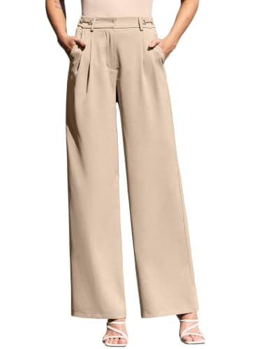 EVALESS Women Wide Leg Pants High Waisted Business Work Office Casual Trousers 2026 Spring Summer Dressy Flowy Pleated Palazzo Pants Slacks Pockets Beige Large - Image 1