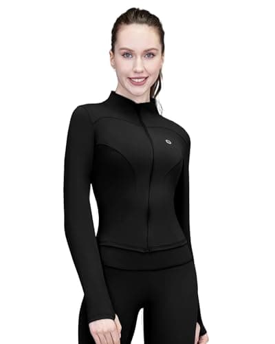 Pobodo Women's Slim Fit Full Zip Yoga Jacket with Thumb Holes, Lightweight Stand Collar Workout Top No Pockets