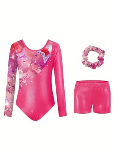 Gogokids Gymnastics Leotards for Girls Long Sleeve Sparkly Rhinestone Dance Unitard with Shorts & Scrunchie Activewear, E-pink, 11-12 years, 150 - Image 1