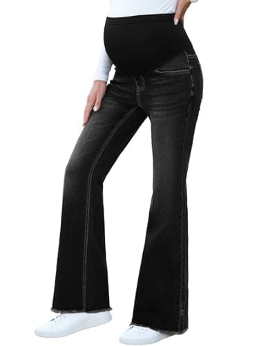 BLENCOT Womens Stretch Maternity Jeans Pregnancy Over Belly Pants Pregnant Women Denim Cloth with Pockets Black L - Image 1