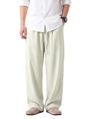 Areant Mens Lightweight Summer Pants Baggy Loose Fit Breathable Casual Sweat Pants Elastic Waist Drawstring for Beach Vacation Lounge Beige Large - Image 1