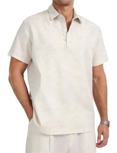 Eisctnd Men's Polo Shirts Short Sleeve Linen Blend Golf Collared T-Shirt for Summer Wedding Beach Vacation Business Casual(Beige-XL) - Image 1