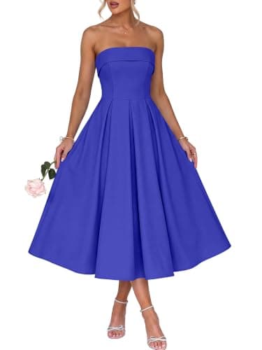 Caracilia Women’s Strapless Semi Formal Midi Dress Summer Tube Top Pleated Flowy Spring Wedding Guest Cocktail Party Dress Royal Blue Small - Image 1
