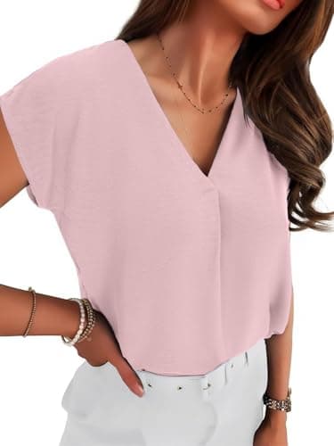 Totatuit Women's Dressy V Neck Chiffon Blouses Cap Sleeve Shirts Summer Casual Loose Work Office Solid Tops Cute Tunic Pink Small - Image 1