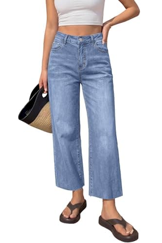 BTFBM Jeans for Women 2026 Summer High Waisted Button Straight Leg Stretchy Cropped Raw Hem Trendy Denim Pants Pockets(Light Blue,12) - Image 1