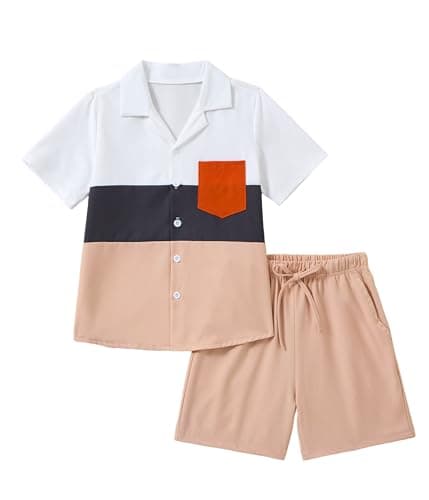 Hihosdor Boys 2 Piece Short Set Color Block Button Down Shirt and Shorts Vacation Clothes Outfit for Kids 7-14 Years - Image 1