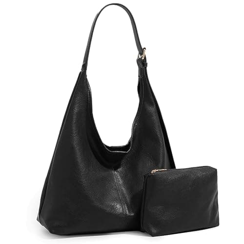 JueiXeoy Hobo Bags for Women Slouchy Tote Bag Crossbody Purses 2PCS Retro Vegan Leather Shoulder Handbags with Coin Purse Set Black - Image 1